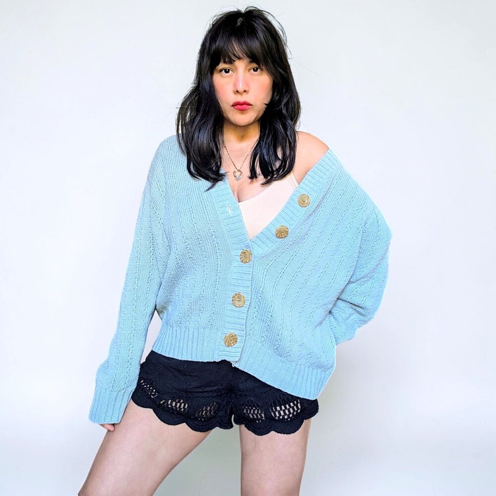 Classic Elements VTG seafoam green linen cotton granny fairy cottage cardigan XL